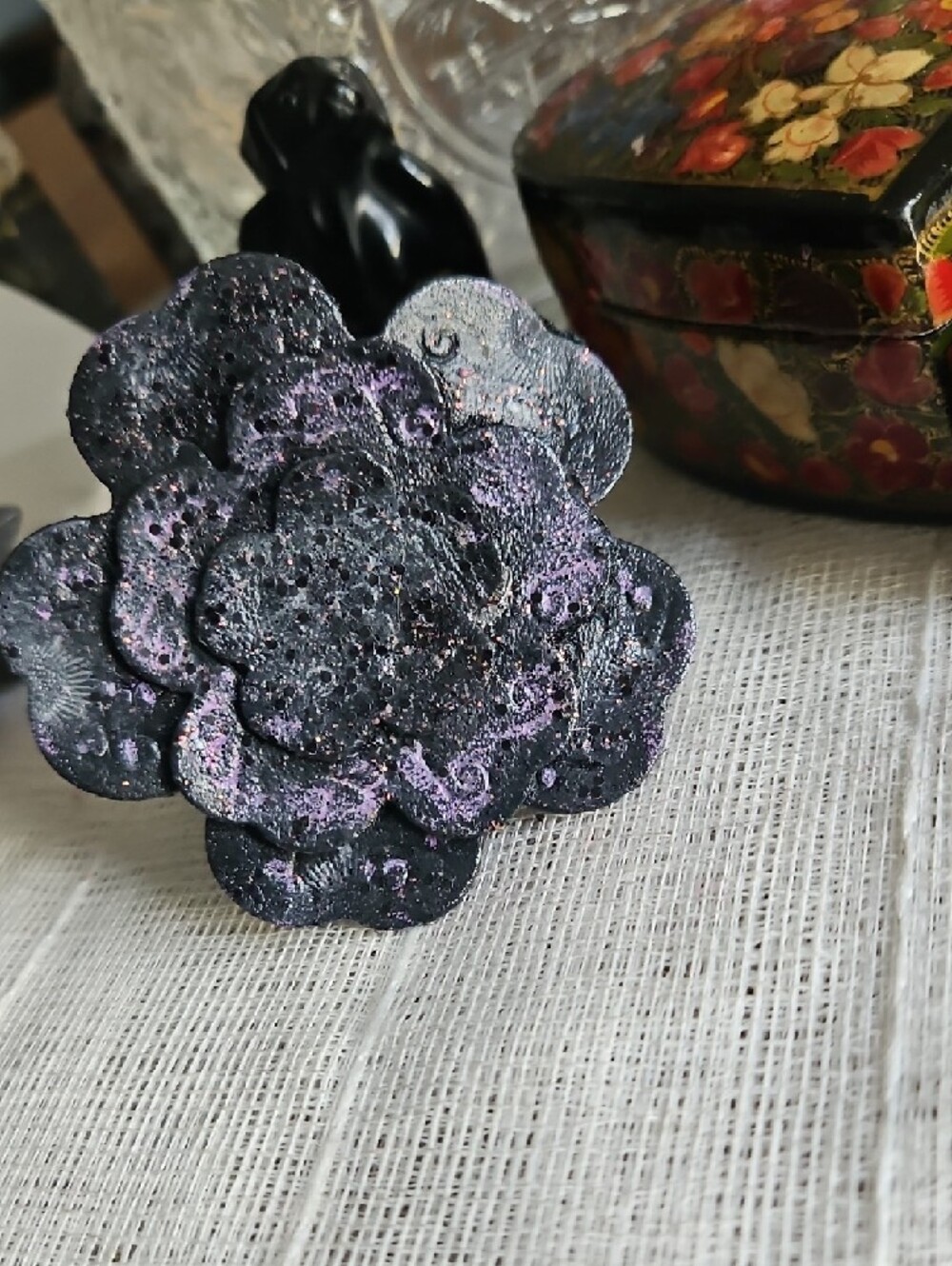 Handcrafted Black Genuine Leather Tooled & Painted Pet Collar Floral Accent NEW